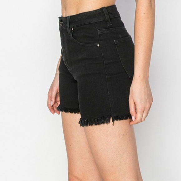 RISEN Black Cut-off Frayed High Rise Distressed Denim Mid-length Jean Shorts - Picture 8 of 16